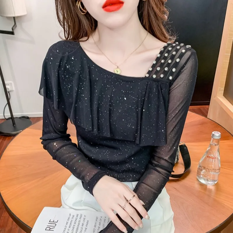 

#8456 Black Blue Red Mesh T Shirt Women Skew Collar Ruffles Sexy Long Sleeve T Shirt Thin Perspective Womens Tshirt Mesh Top