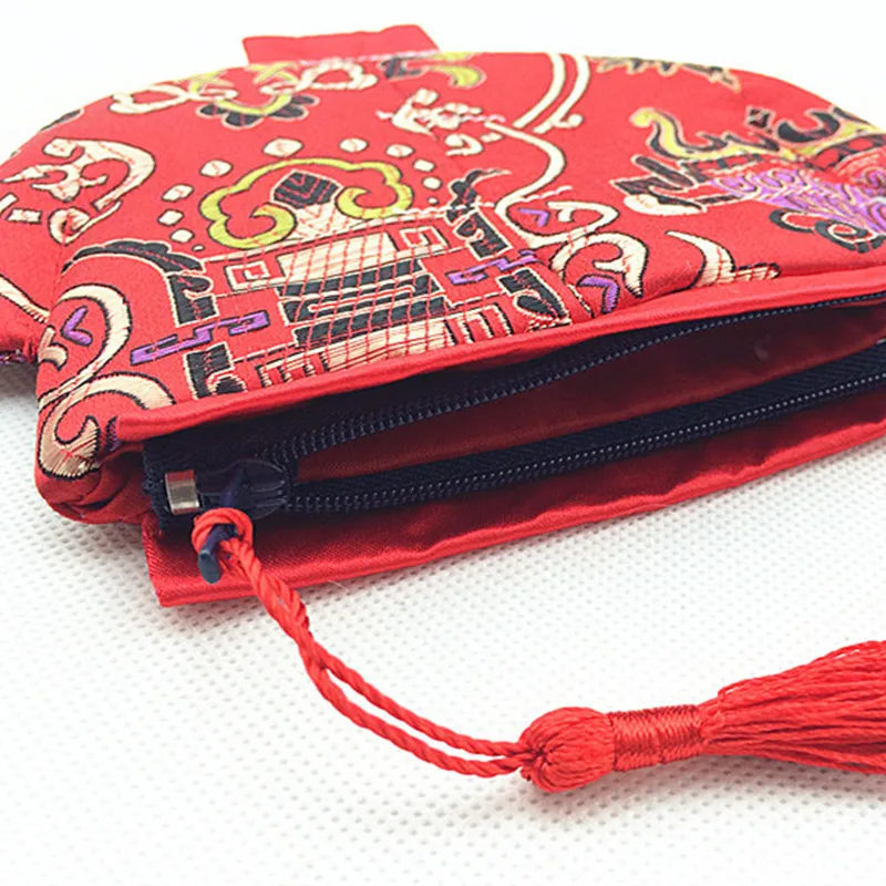 40pcs Creative Chinese Silk Brocade Packaging Christmas Gift Bag Vintage Tassel Small Zipper Pouches Coin Purse Party Favors