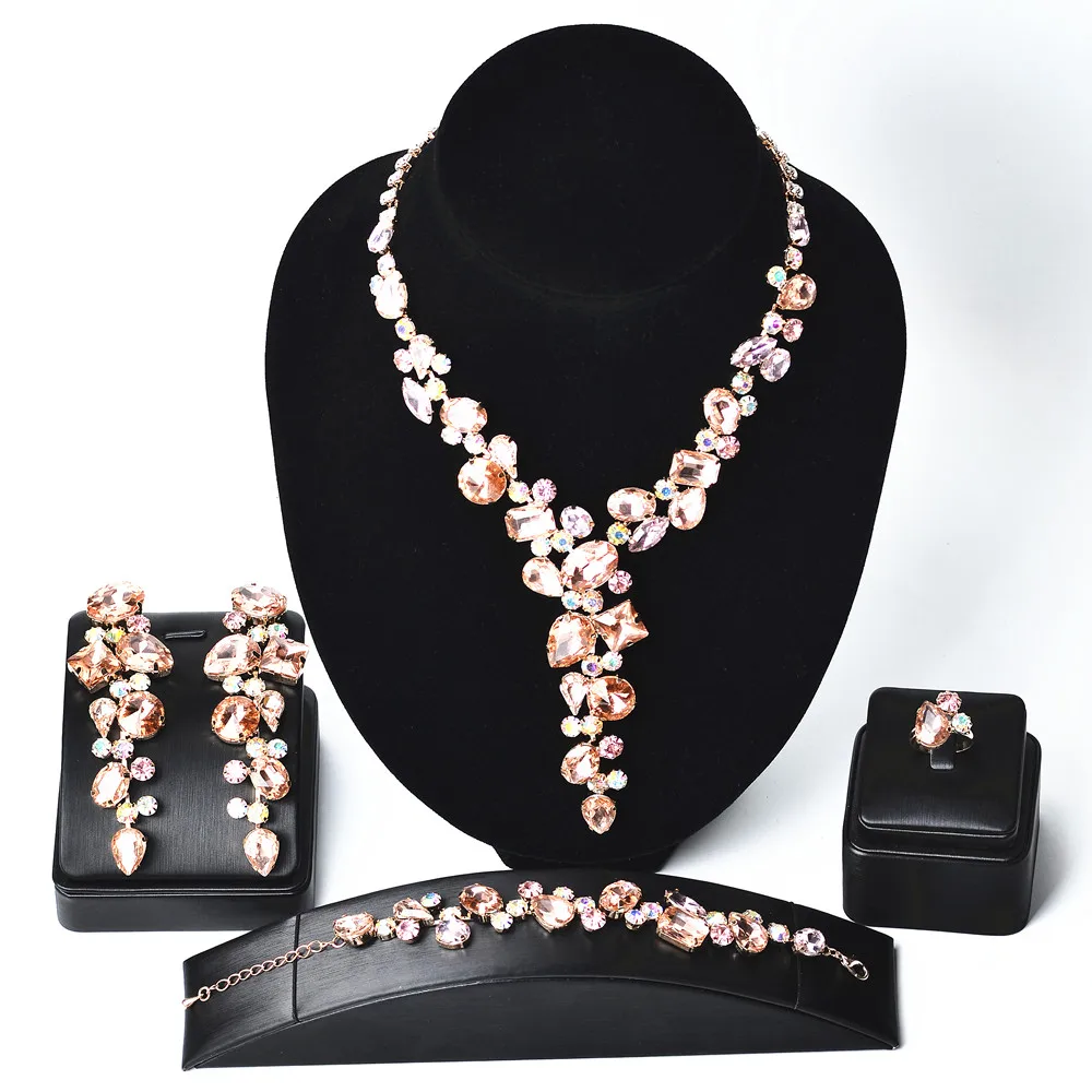 A set of pink + AB color special-shaped rhinestone jewelry set, necklace + earrings + bracelet + ring, 4-piece set accessories