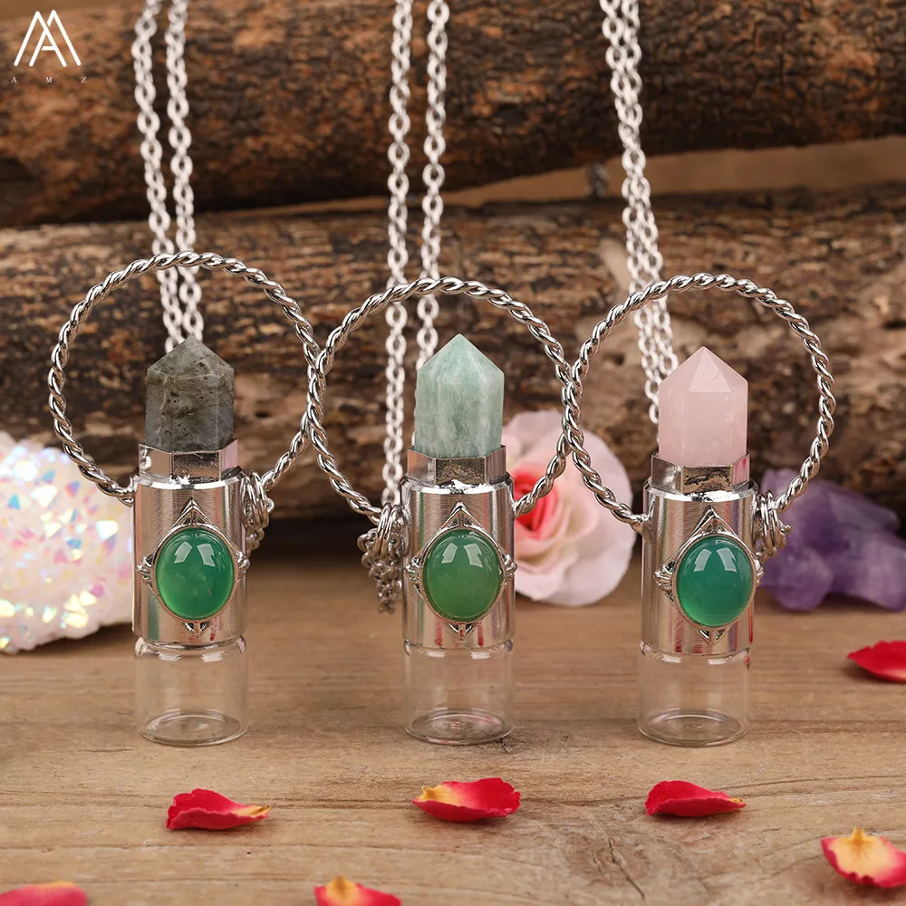 Natural Roses Lemon Quartz Perfume Roller Bottle Pendant Chains Necklace Women Gemstones Hoop Essential Oil Vial Jewelry Gift