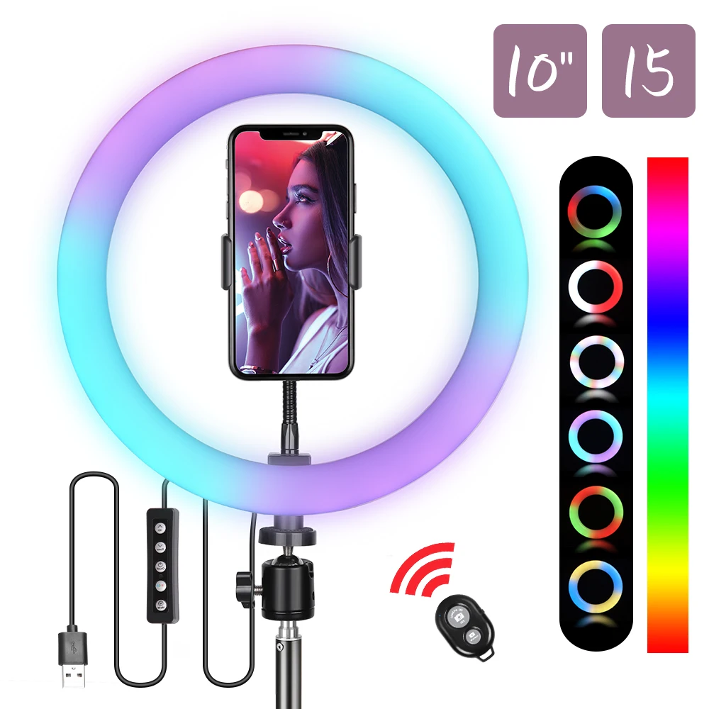 6/10/12Inch RGB LED Ring Light Selfie Ring Lamp 15 Colors 3 Model No Tripod Stand USB Plug For YouTube Live Makeup Photography