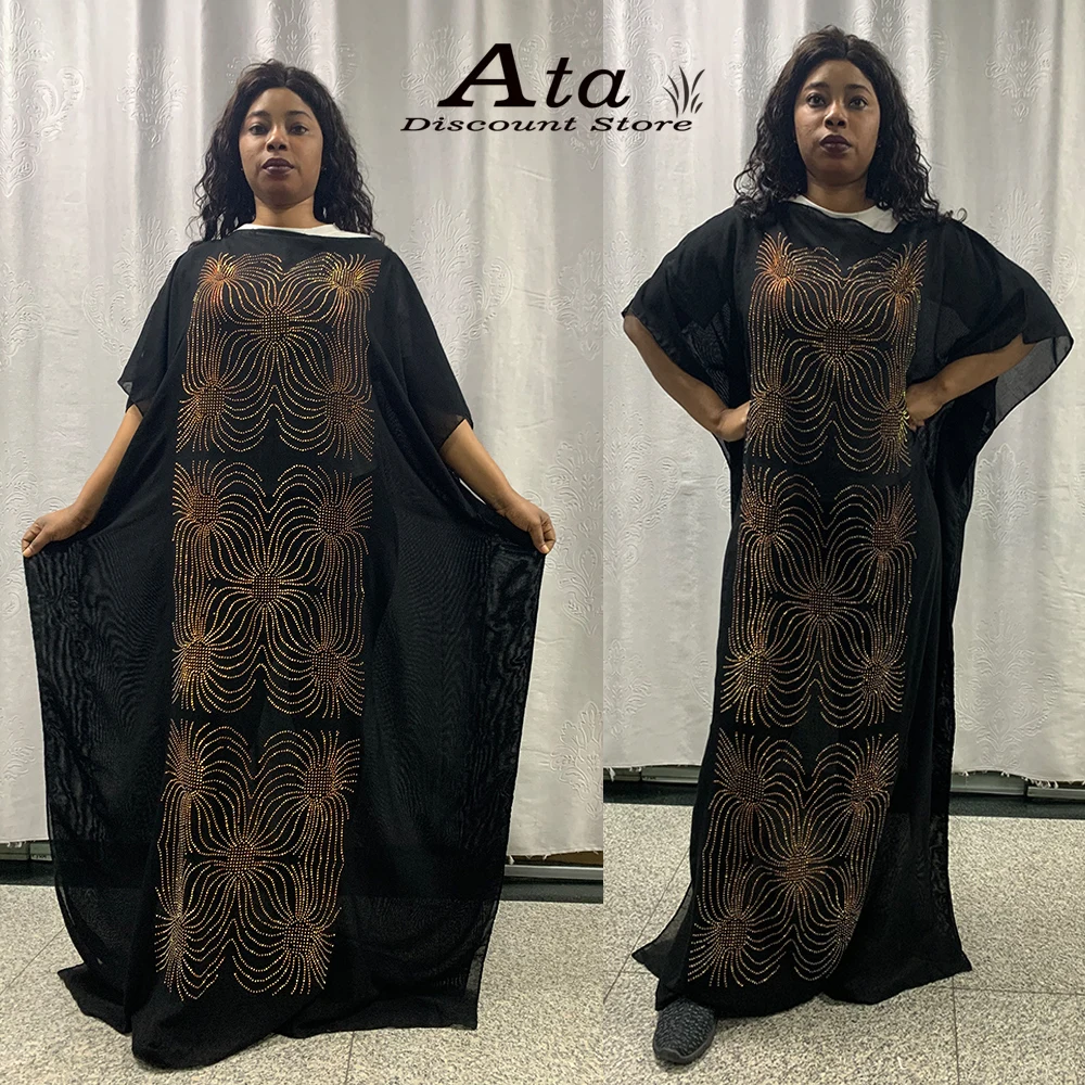 2021New African Dresses Kaftan Abaya Islamic Clothes Batwing Sleeves Fashion Diamond Boubou Cotton Turban Long Dress For Lady