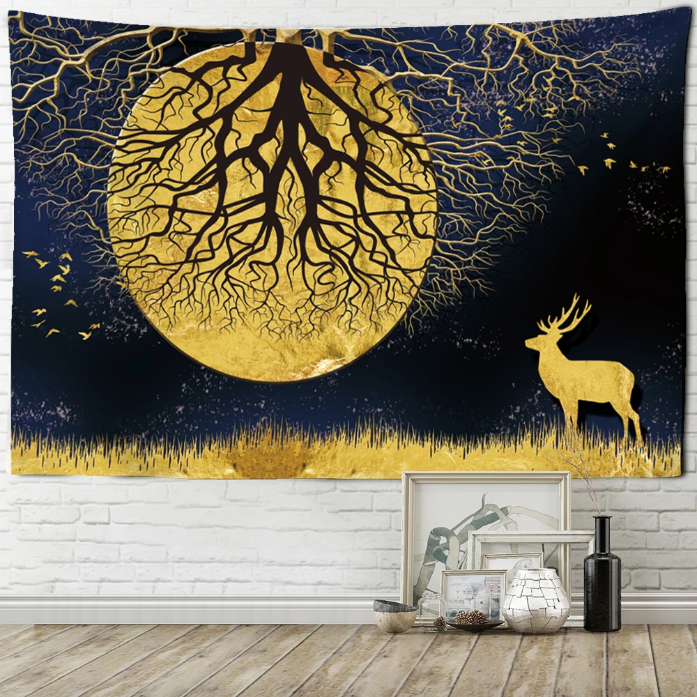 

Cute Animal Elk Print Tapestry Christmas Snow Scene Illustration Wall Hanging Hippie Witchcraft Home Decor