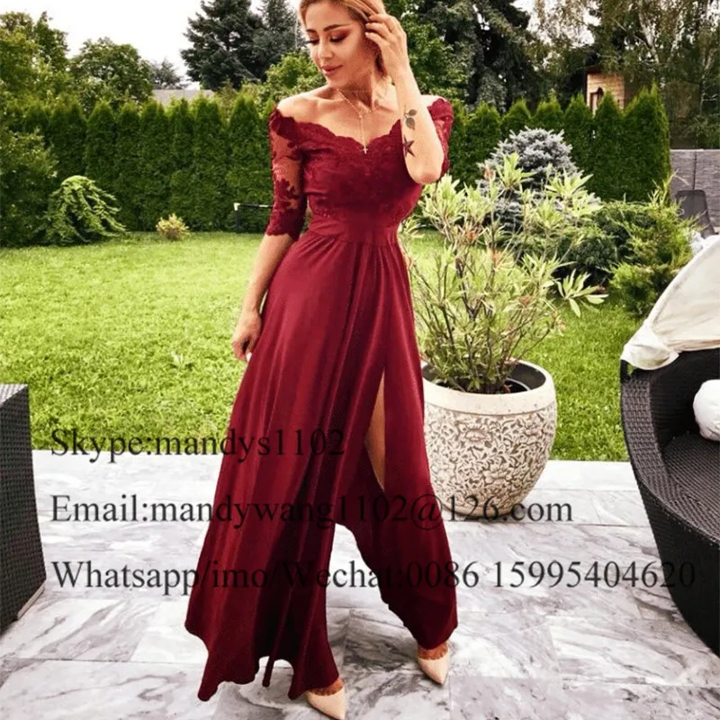 A-line Long Prom Dresses 2022 Sexy High Split Burgundy Women Formal Evening Dress Gown Half Sleves Vestidos de gala image 2