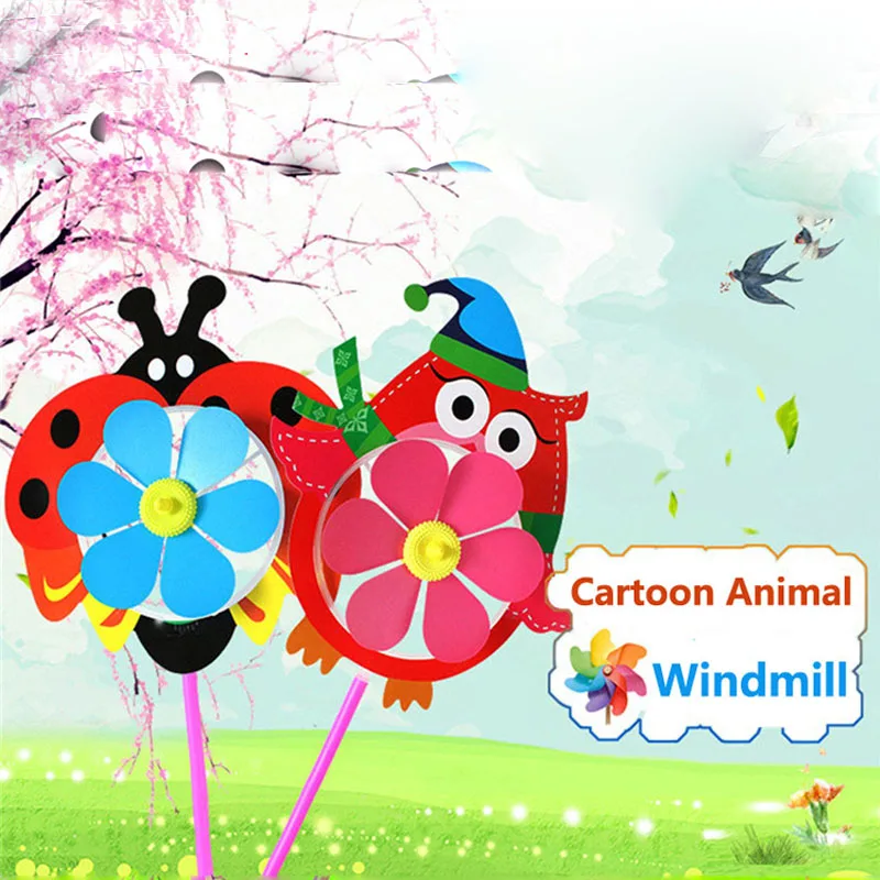 2Pcs/set Cartoon 3D Ainmals Windmill Colorful Cute Home Garden Yard Decoration Kids Outdoor Windmill Handmade Toy Girls Gifts