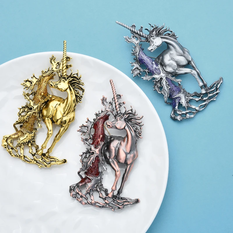 Wuli&baby Vintage Large Unicorn Brooches For Women Men 3-color Retro Beauty Fairy Horse Brooch Pin New Year Gifts
