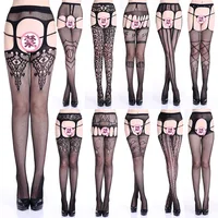 Medias de red de 27 estilos para mujer, lencería negra, cinturón de encaje Jacquard, medias altas hasta el muslo elásticas, pantimedias de tela de araña para mujer