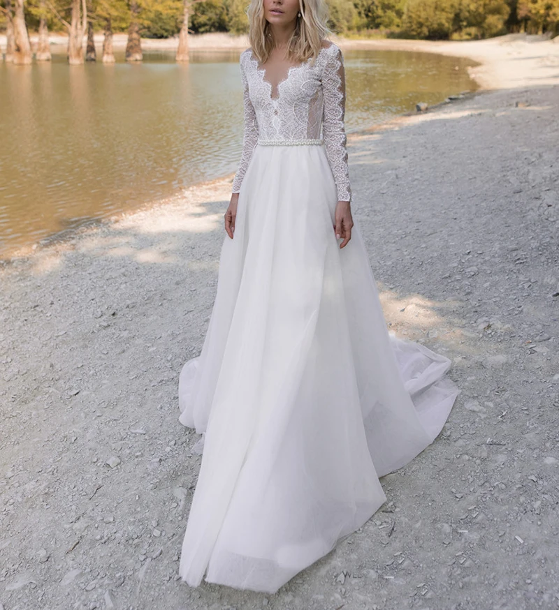 Abito da spiaggia da sposa da spiaggia bohémien perle una linea maniche lunghe aderenti Plus Size abito da sposa in Tulle trasparente con cerniera Robe De Mariée