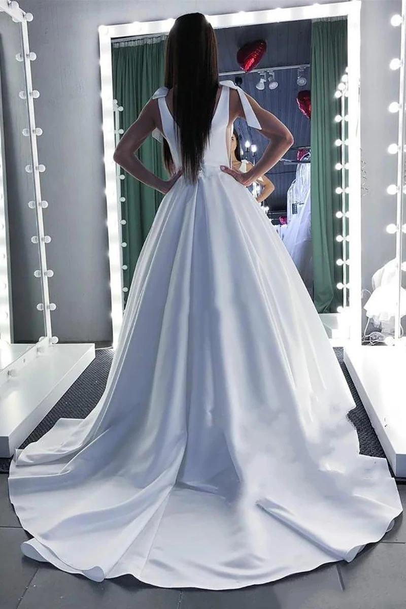 Simple Wedding Dress with Bow 2020 A-Line Elegant Satin Long Princess Vintage Bridal Dress Sexy Wedding Gown Custom Made