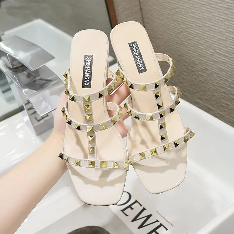 2020 New Women Summer Slippers Flip Flops Fashion Square Toe Laies Heel Mules Sexy Square High Heels Women Slippers Zapato Mujer