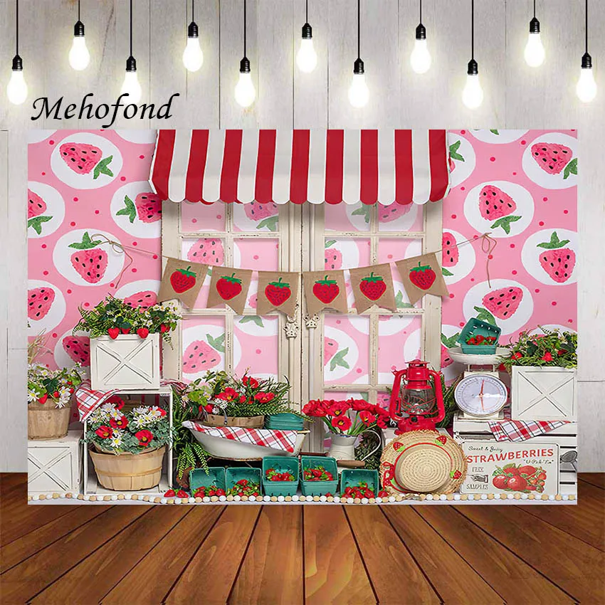 Mehofond Photography Background Strawberry Flower Farmer\'s Market Farm Girl Birthday Party Cake Smash Backdrop Photo Studio Prop