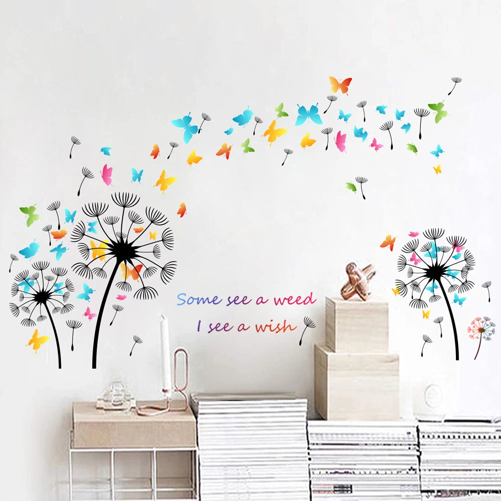 Dandelion Colorful Butterfly Wall Sticker Living Room Bedroom Background Decoration Wallpaper Mural Home Decor Creative Stickers