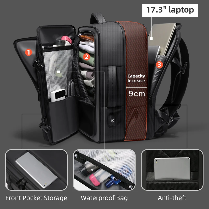 Imagem -05 - Fenruien-mochila Expansível para Laptop para Homens Grande Capacidade Carregamento Usb Mochila de Viagem com Bolsa Impermeável 17.3 Polegadas