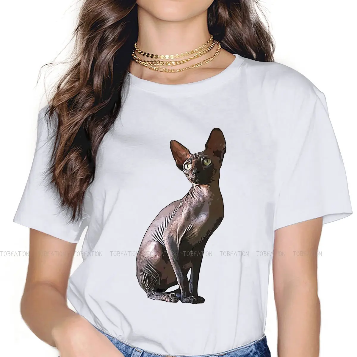 Black Without Fur Sweet Girls Women T-Shirt Canadian Sphynx Cat Blusas Harajuku Casual Short Sleeve Vintage Oversized Tops