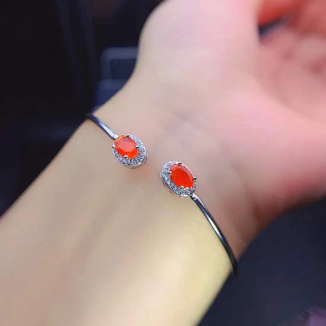 

Mexican Orange Fire Opal Oval Birthstone Sterling Silver Bangle Women Engagement Bracelet Gift