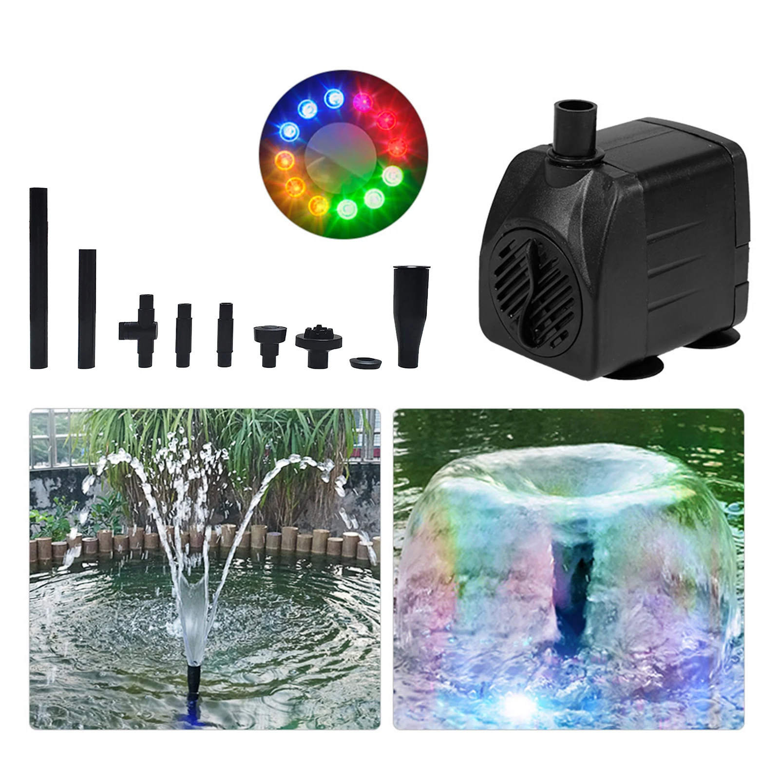 10W/15W Ultra-Quiet Submersible Water Fountain Pump Fish Tank Pond Aquarium Water Pump USB Fountain Pump with 12 LED Light