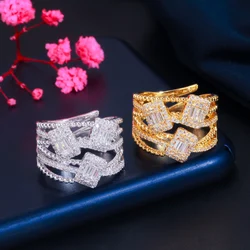 CWWZircons Multi Layered White Gold Color Cubic Zirconia Adjustable Open Rings for Women Engagement Wedding Party Jewelry R194