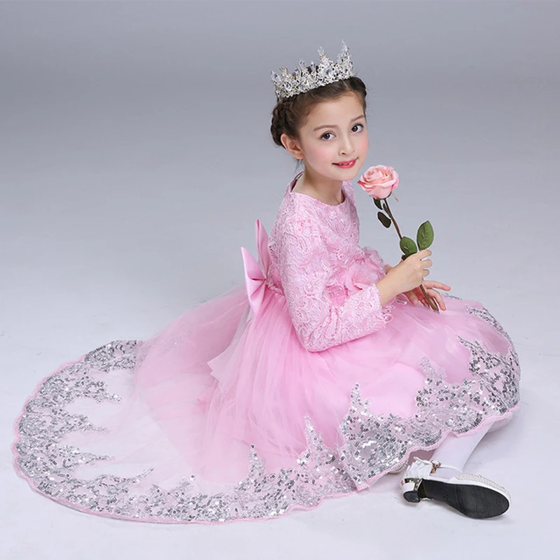 

Flower Girl Baby's Birthday Banquet Party with Tail Dresses New Style Children's Princess Campus Graduation Ball Gown Dresses