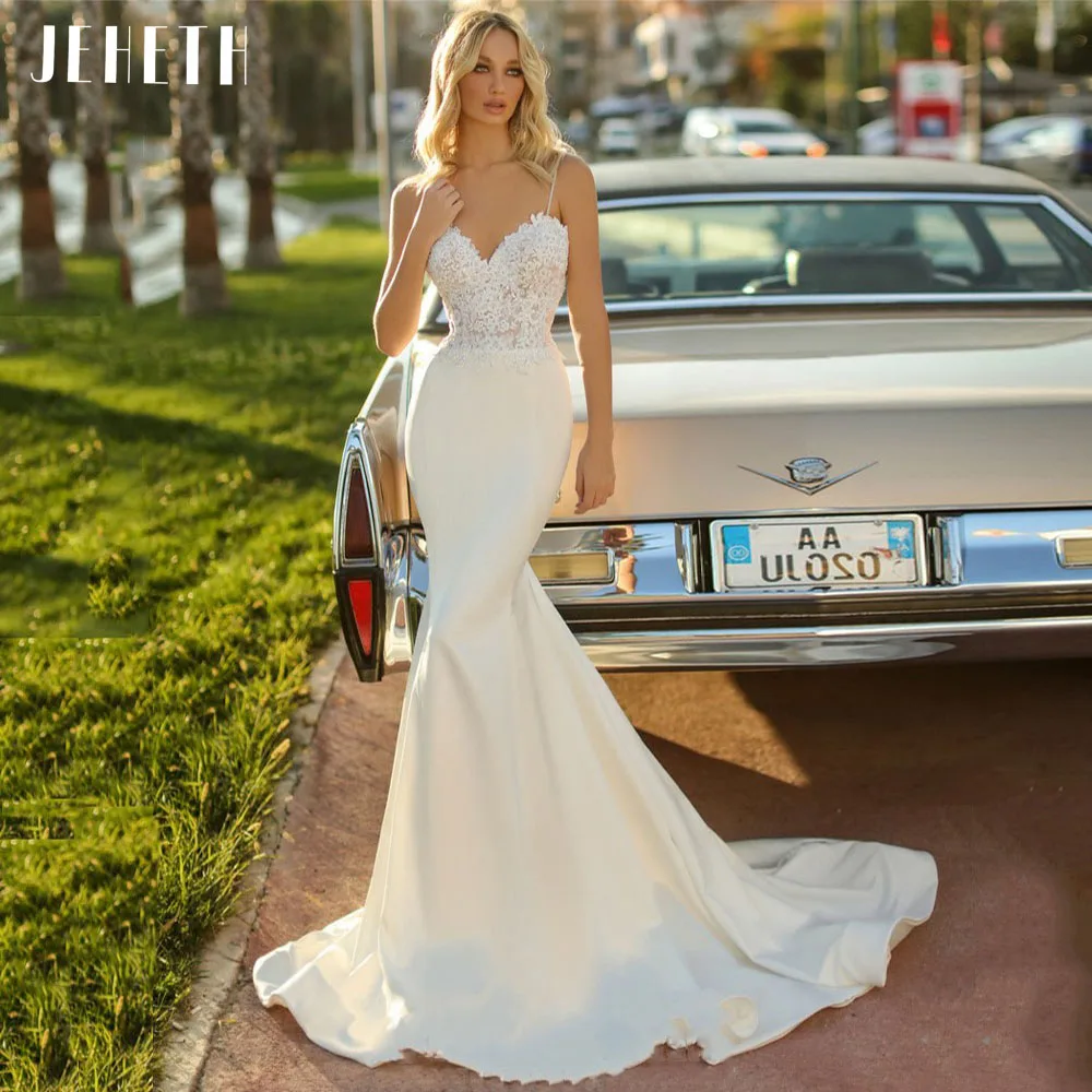 JEHETH Vestido De novia De sirena con apliques, encaje con cuentas, escote Corazón, tirantes finos Sexy, Vestido De novia bohemio Simple Adhesivos Sirenas Vestido de boda Dolce cariño sexy italiano hombros finos vestid