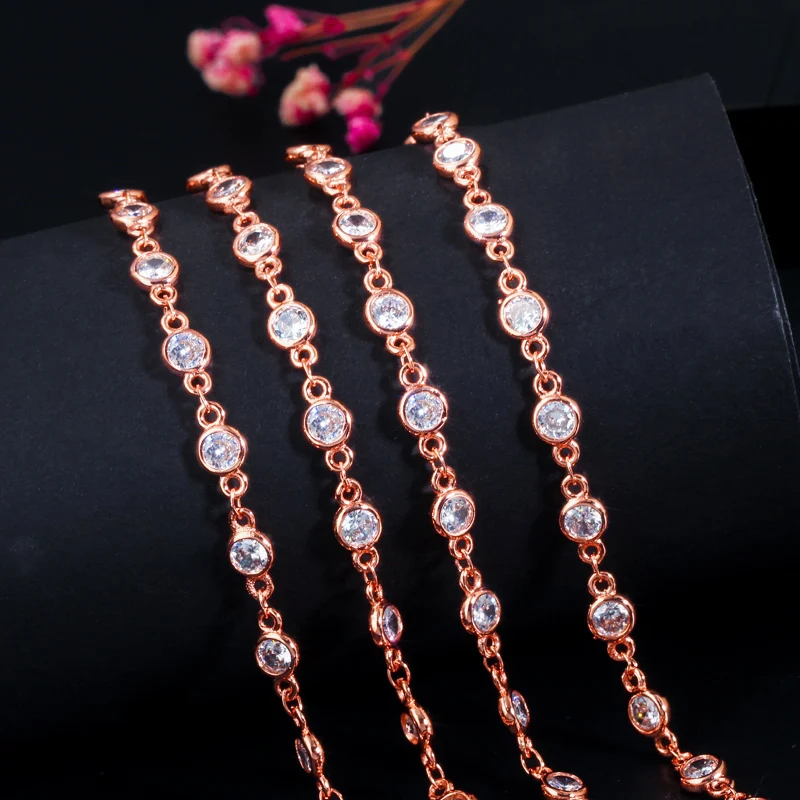 CWWZircons 50cm Sparkly Round Cubic Zirconia Stone Bead DIY Long Necklace Pendant Anklet Bracelet Link Chain Jewelry Making D005