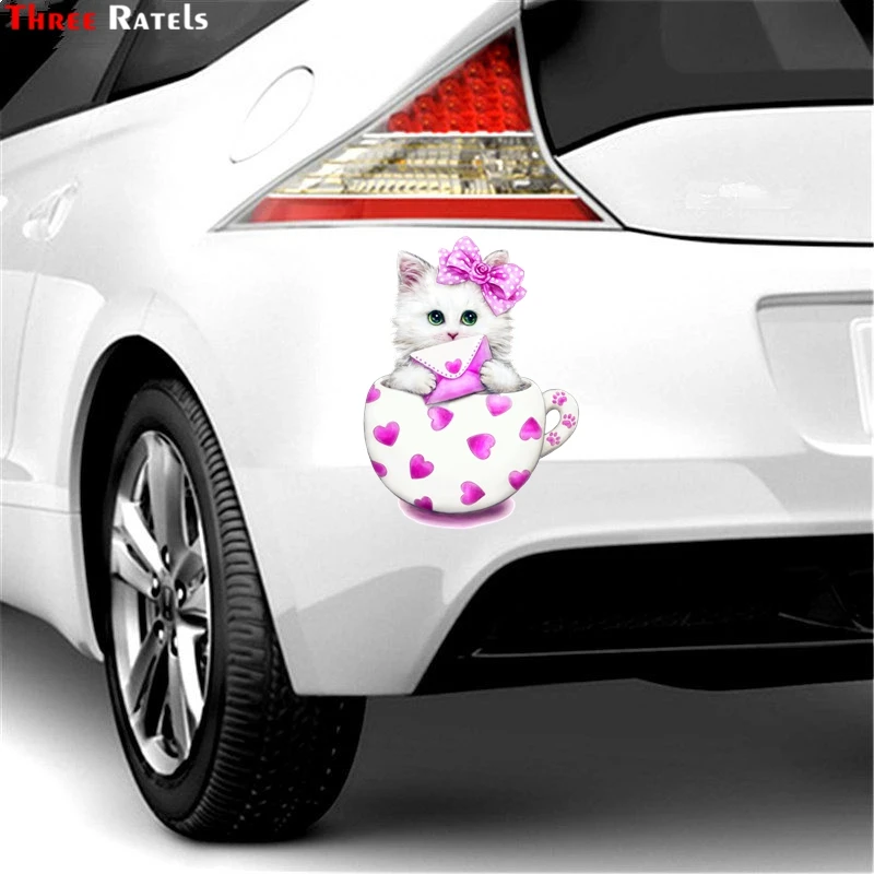 Three Ratels FC165 Sweet Cute Kitty Cat in Cup Vsco Stickers Waterproof Girl Stickers for Skateboard Laptop Suitcase Car Decal