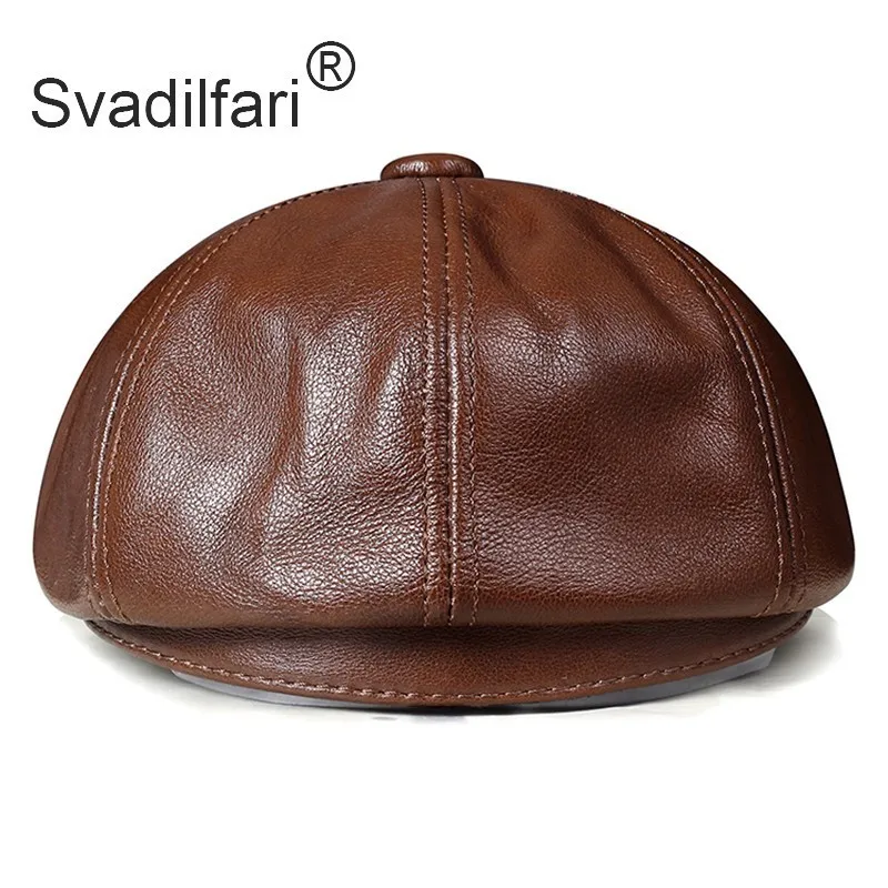 Retro Octagonal Genuine Leather Hat Autumn Men\'s Cowhide Leather Beret Elegant Fashion Student Tongue Cap Snapback Caps For Men