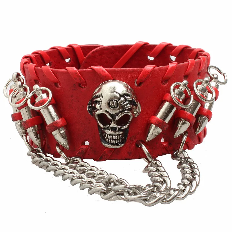 Fashion Gothic Punk Skull Metal bullet Leather Bracelet Men Bracelets & Bangles Male Arm Jewelry Red and black 2022 Accessor