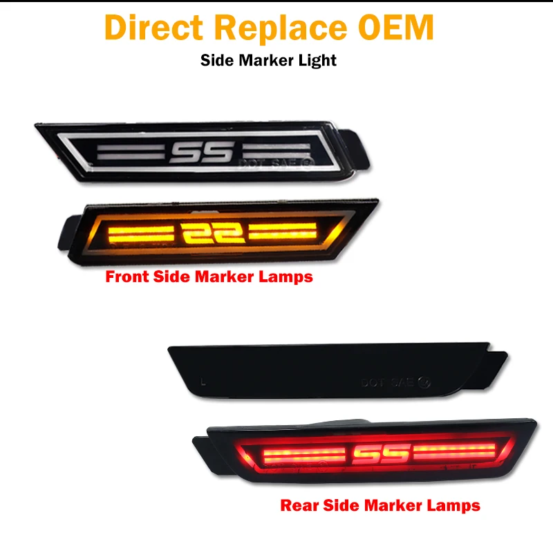 Smoked Lens Front Amber & Rear Red SS logo LED Sidemarker Light For 2010-2015 Chevrolet Camaro Bumper Reflector Side Marker Lamp