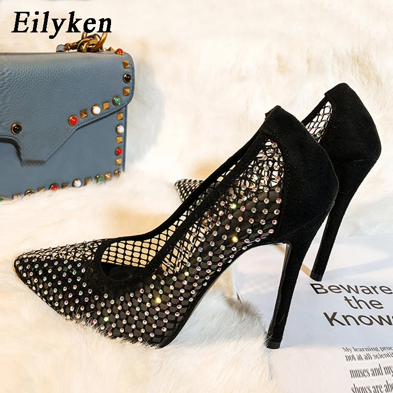 Eilyken Fashion Glitter Colorful Rhinestones Women Pumps Sexy Hollow Out Breathable Mesh Thin Heeled Party Wedding Bride Shoes