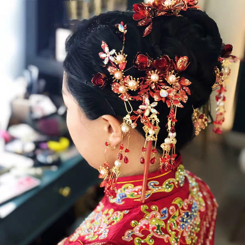 NiuShuya Pengantin Cina Kostum Bulang Champagne Rumbai Wajah Tirai Phoenix Crown Pernikahan Rambut Aksesoris