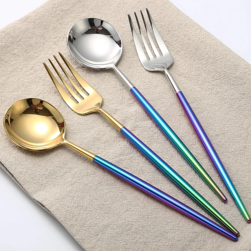 24pcs Royal Rainbow Golden Dinnerware Korean Tableware  Stainless Steel Cutlery Set Colorful Silver Dinner Knife Spoon Fork