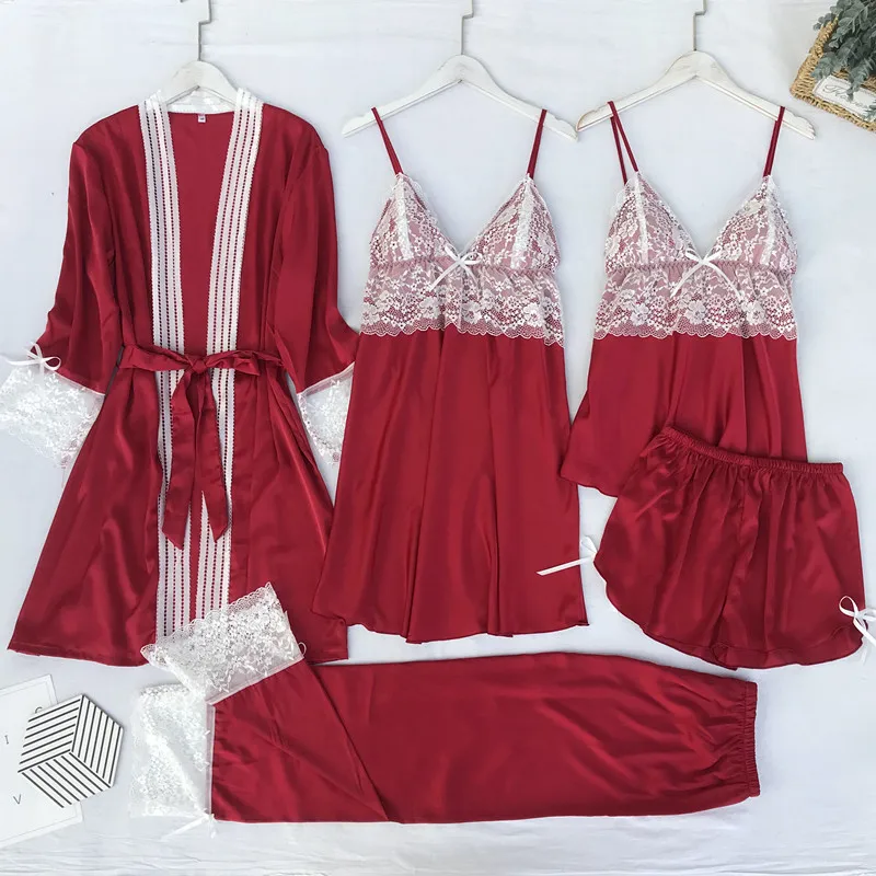 Satin Lace 5PCS Sleep Set Sexy Kimono Bathrobe Gown Female Robe Silky Nightwear Intimate Lingerie Casual Nightgown Sleepwear