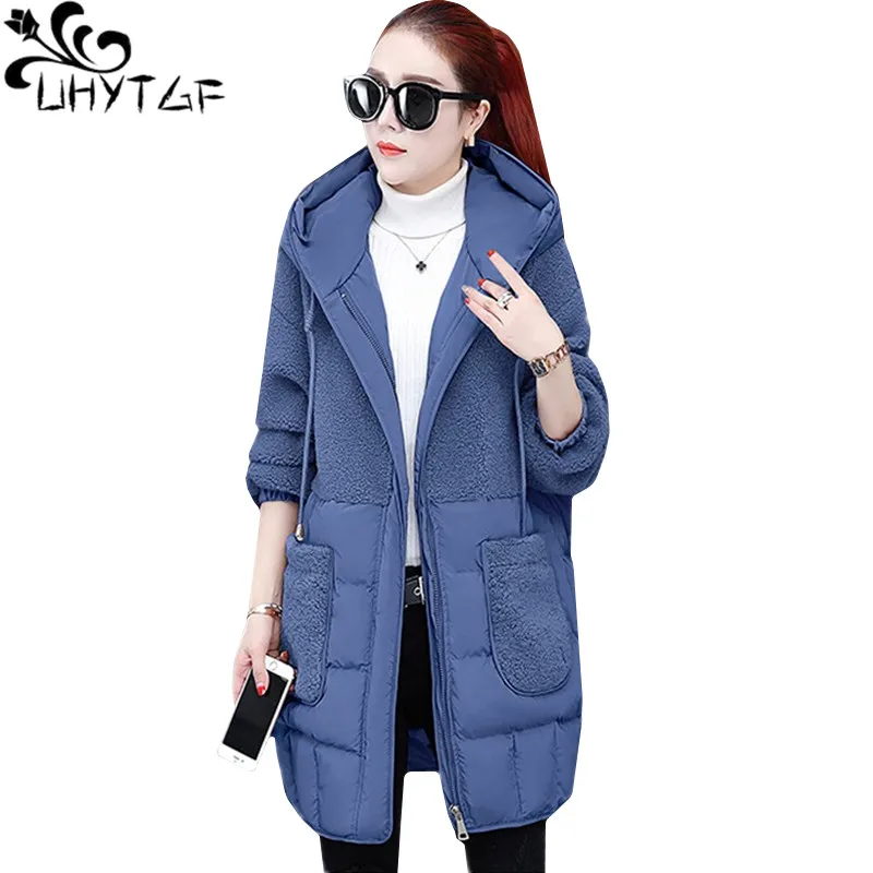 

UHYTGF Hooded Down Jacket Winter Coat Wwoman Solid Color Wild Casual Warm Outerwear Female Korean Loose 3XL Big Size Tops 1268