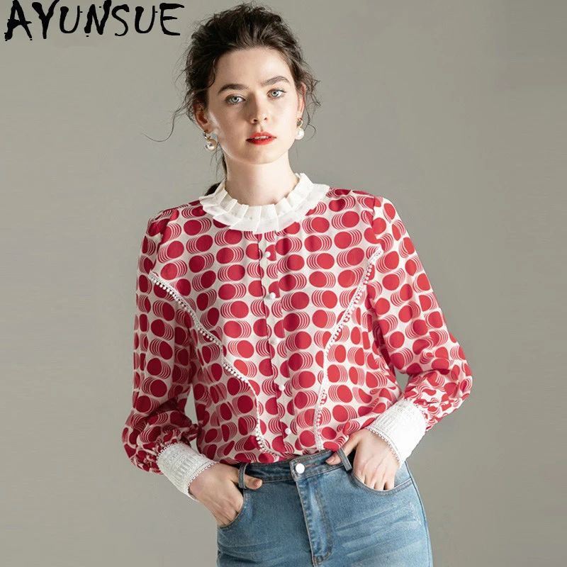 

100% Real Silk Vintage Blouse Women Clothes 2020 Ladies Tops Long Sleeve Shirts Women Blouses Print Shirts Ropa Mujer MY5845