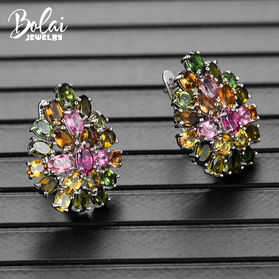 

Bolai 100% natural tourmaline luxury stud earrings 925 sterling silver multi color gemstone floral jewelry for women Christmas