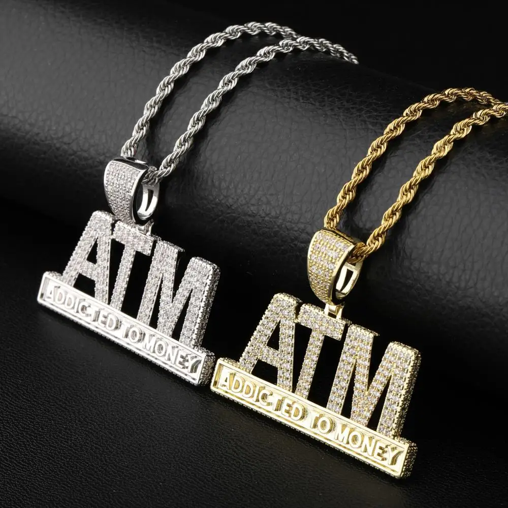 GUCY New Iced Out Cubic Zircon ATM Pendant&Necklace Gold Silver Color Personality Men's Hip Hop Jewelry For Gifts