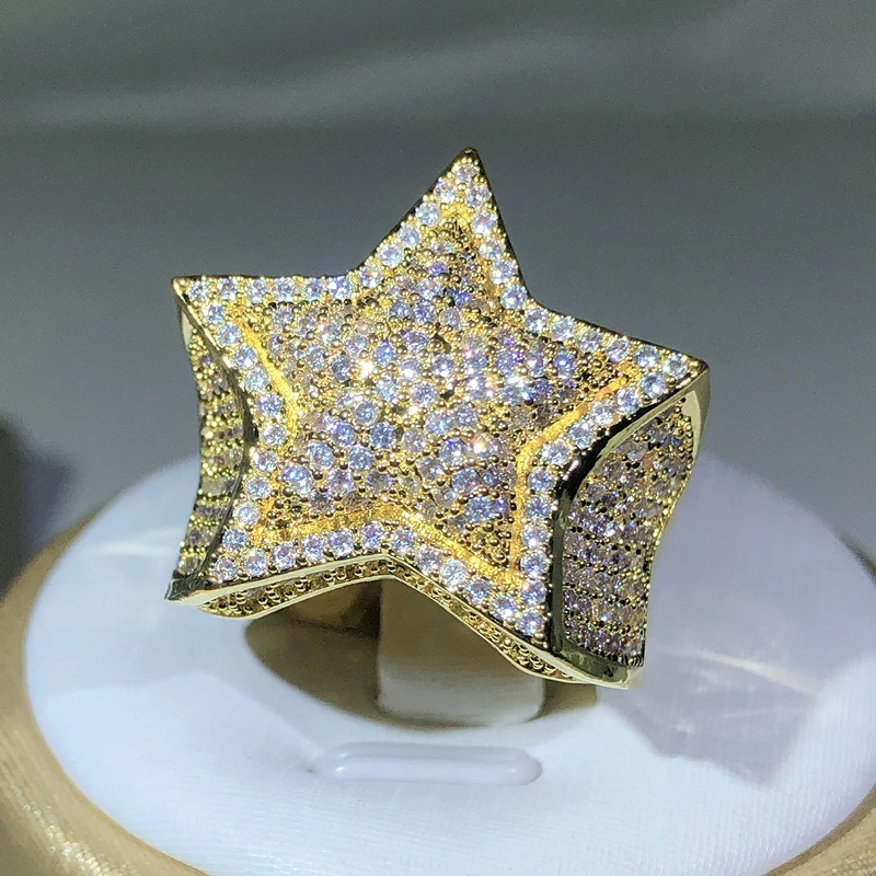 925 Silver Classic Yellow Gold Five Star Zircon Ring For Women & Men Big Ring Party Birthday Jewelry Gift