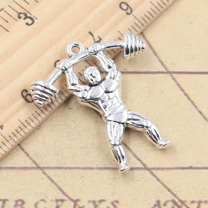 10pcs Charms Fitness Muscular Man Lifting Barbell 31x28mm Tibetan Silver Color Pendant Antique Jewelry Making DIY Handmade Craft