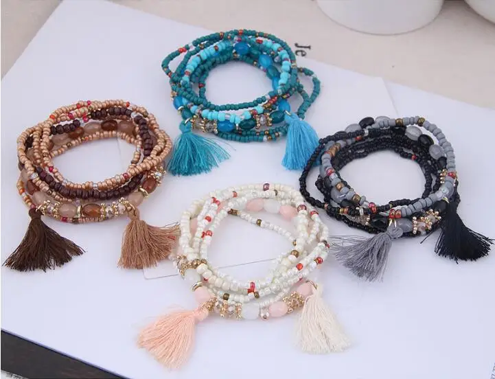 6pcs Bohemian Tassel Charm Multicolors Beads Bracelets Set Women Layers Stone Wristband Bracelet Bangles Factory price