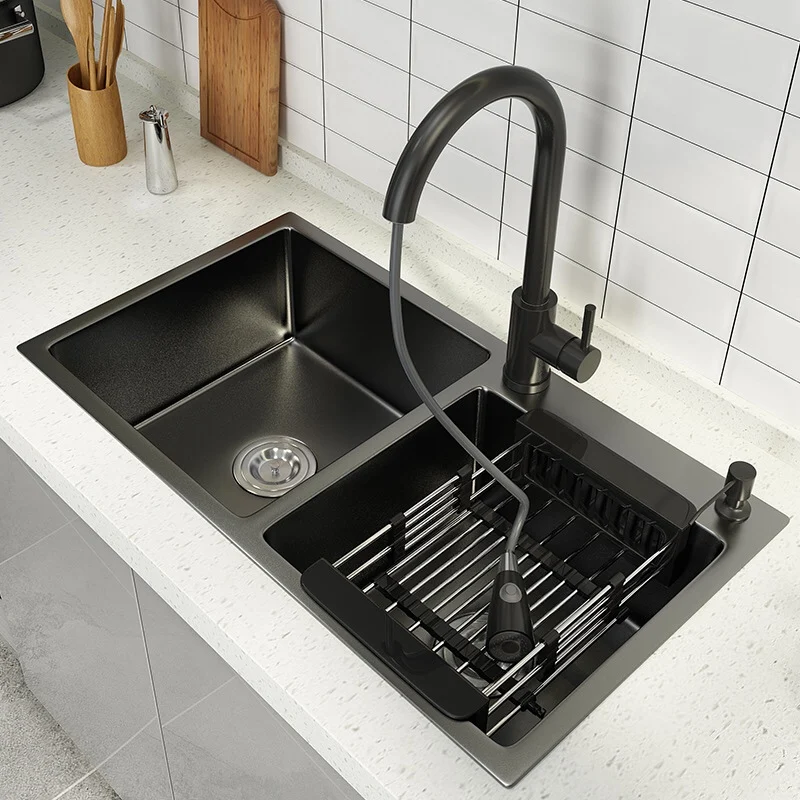 304 Stainless Steel Double Bowl Kitchen Sink with Faucet Topmount or Undermount Basin Dark-Gray Vegetable Washing Basin Sink