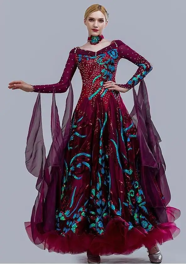 Purple Embroidery Women Elegant Viennese Waltz Dresses Modern Dance Standard Ballroom Dance Costumes