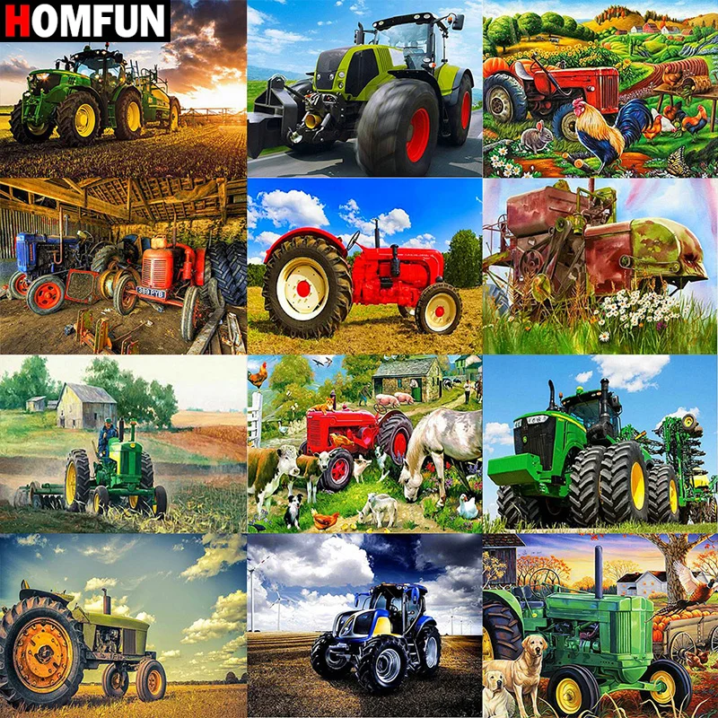 HOMFUN-pintura de diamantes de imitación, decoración de cristal, pintura de diamante artesanal, "paisaje de Tractor", patrón de punto de cruz 3D, bordado de diamantes