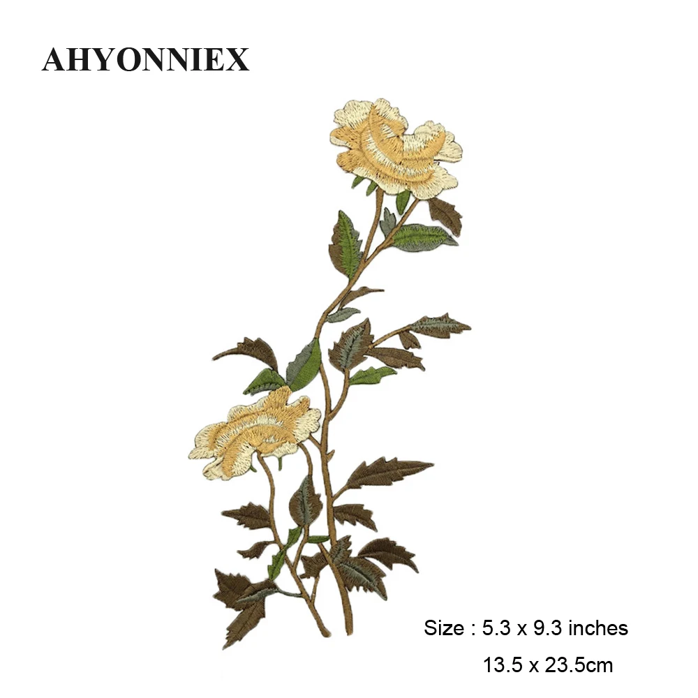 AHYONNIEX adesivo per ricamo Patch grande fiore giallo rosa economico ferro sulle toppe per ricamo Applique vestiti