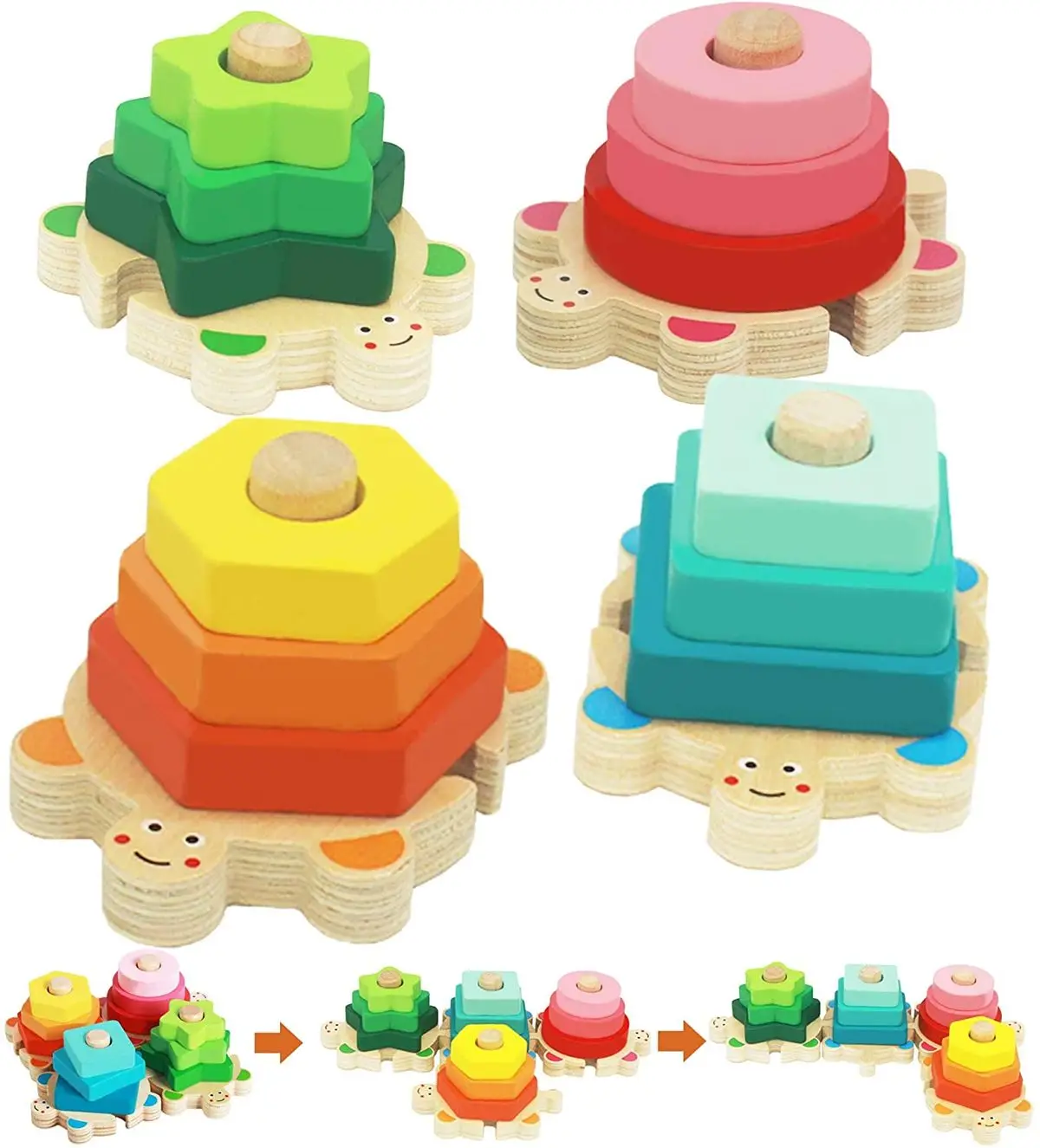 Wooden Sorting & Stacking Toys, Shape Color Recognition Stacker, Educational Puzzle Blocks for Toddlers Boys Girls, Age 1 2 3