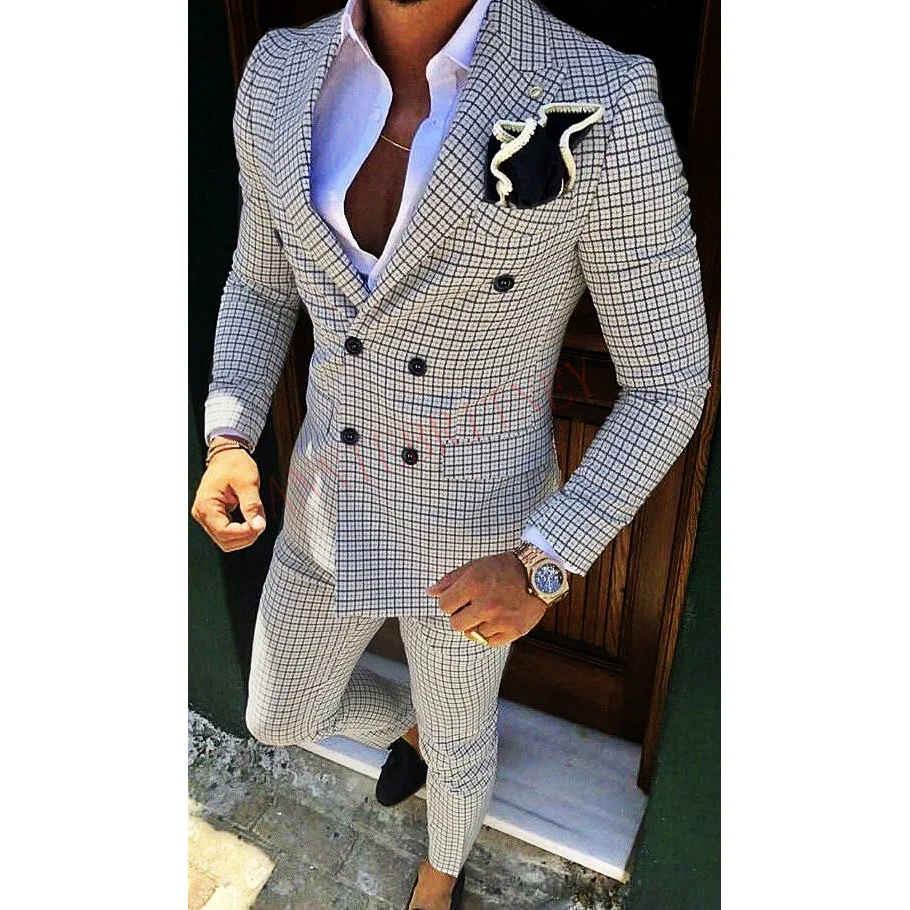 2022 Fashion Lattice Men's Suit Slim Fit Prom Wedding Suits for Men Groom Tuxedos Jacket Sets Custom Male Blazer Costume Homme