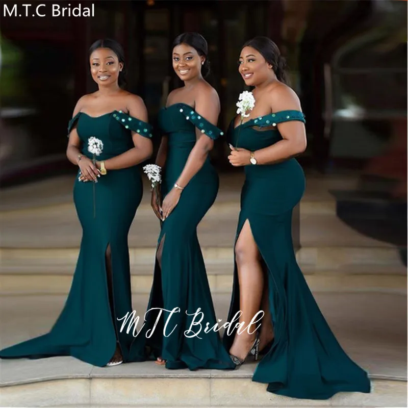 New Design Dark Green Mermaid Long Dresses Bridesmaid Off The Shoulder Side Slit Glitter Sequins African Maid Of Honor Dress