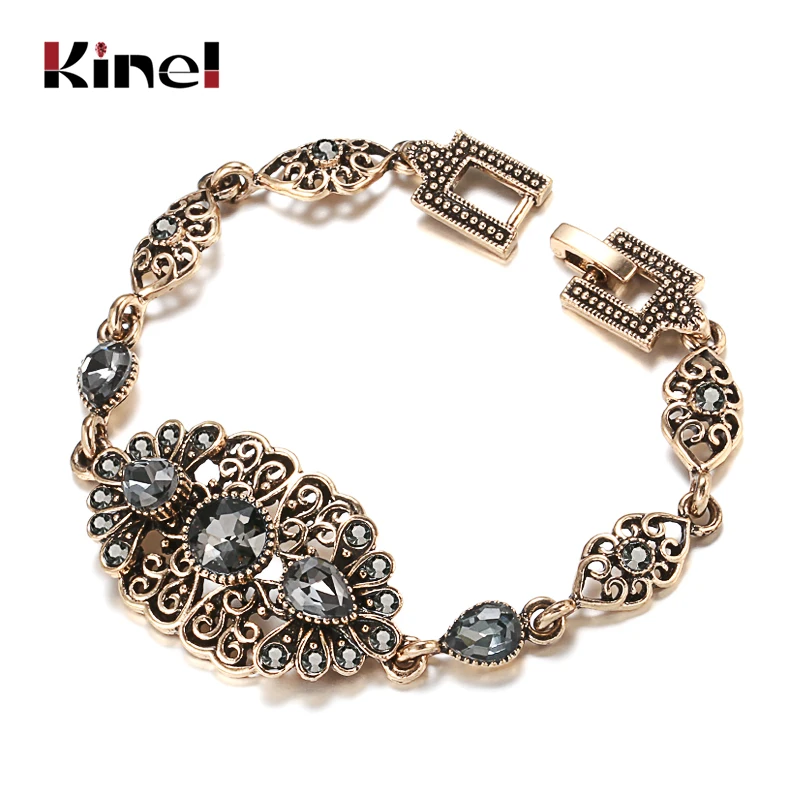 Kinel Charm Gray Crystal Boho Women Bracelet Antique Gold Color Ethnic Bridal Wedding Vintage Jewelry Russia Accessories