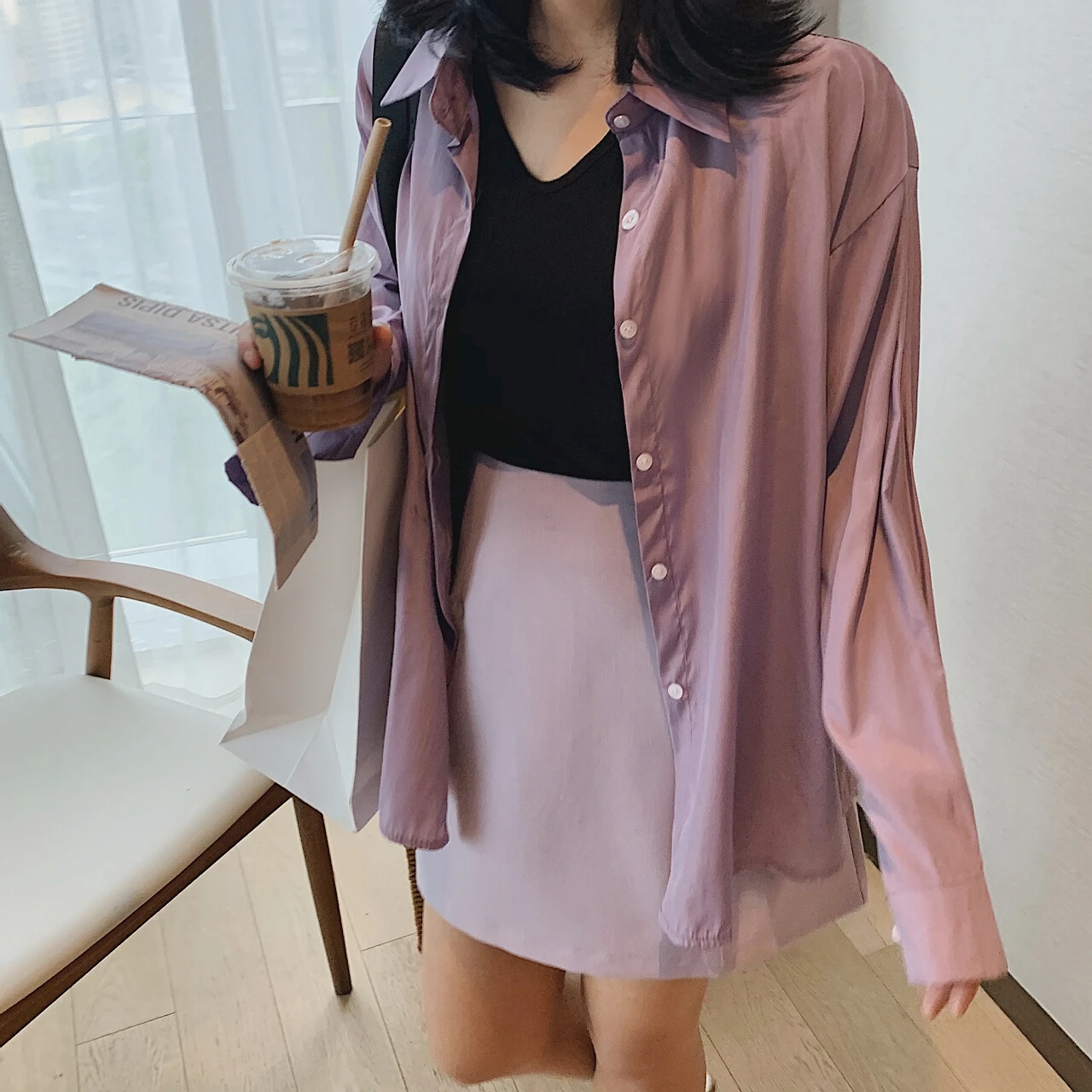 

2023 Women's Simple Silky Purple Satin Shirt Blouse New Woman Top Clothes Long Sleeve Korean Cardigan Dress Spring Tunics Office