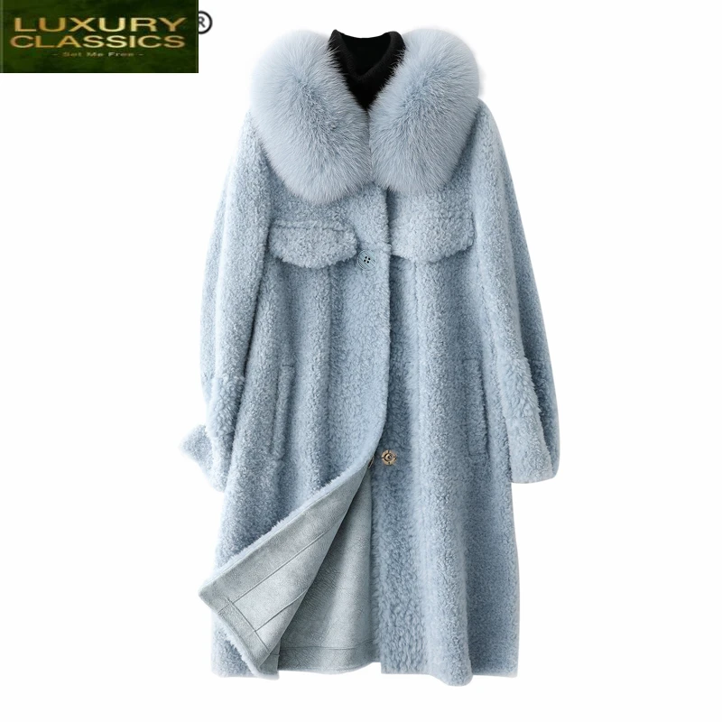 

Female Real Fur Coat Autumn Winter Jacket Women Clothes 2021 Korean Natural Fox Fur Collar Sheep Shearing Jacket 100% Tops 19125