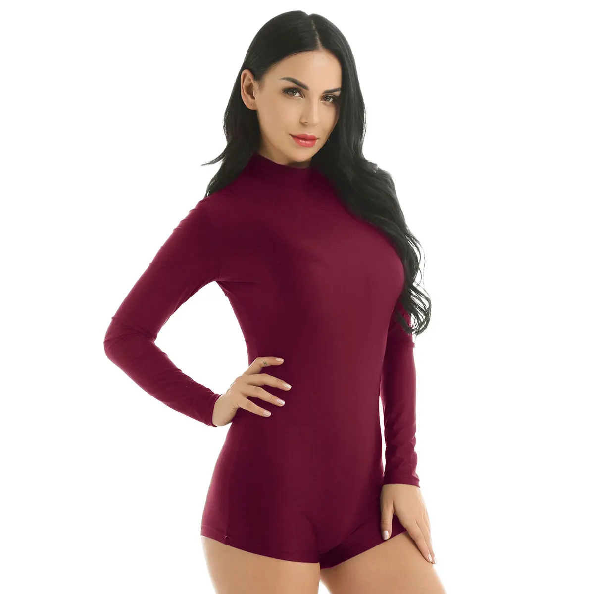 

Women Casual Bodysuit Gym Playsuit Beachwear Mock Neck Long Sleeves Solid Color Stretchy Gymnastics Leotards Adult Ballet Dance